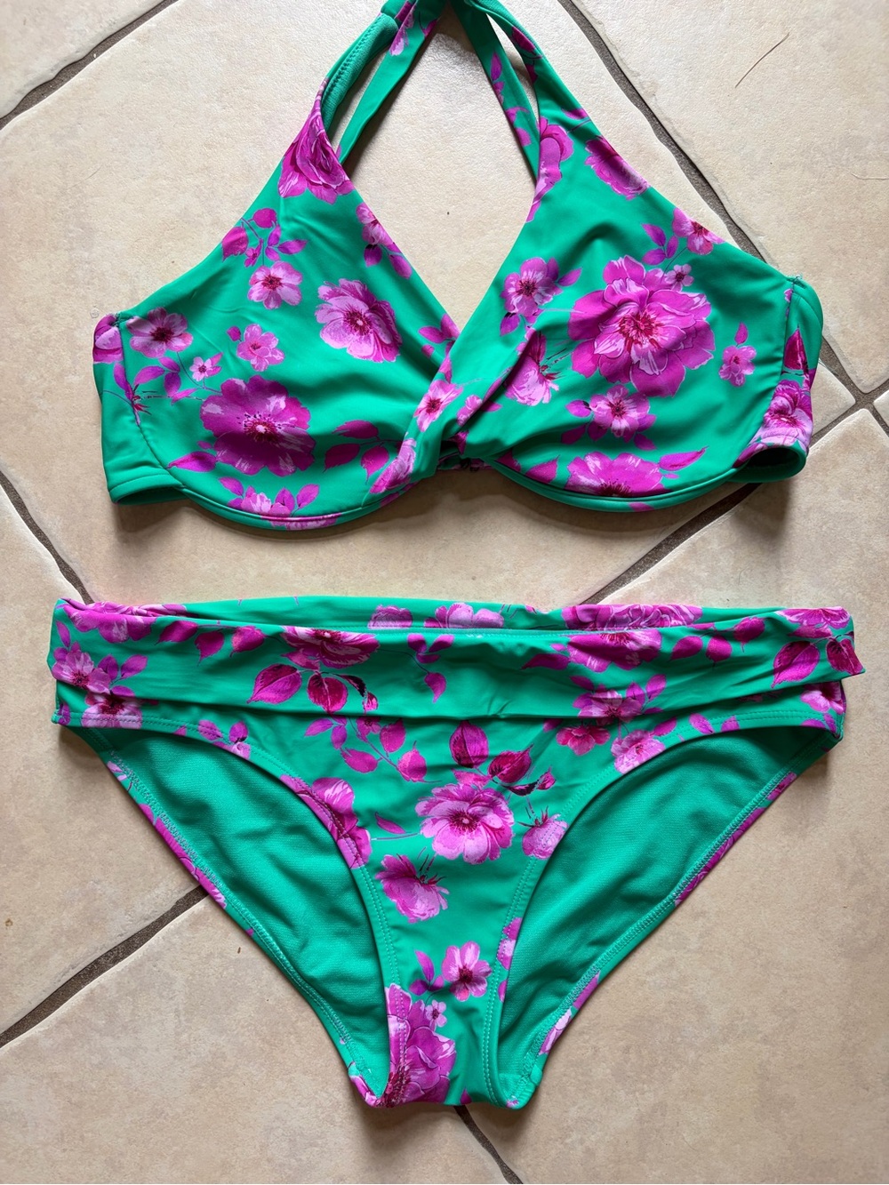 Floral Halter Bikini Set in Green with Pink Flowers